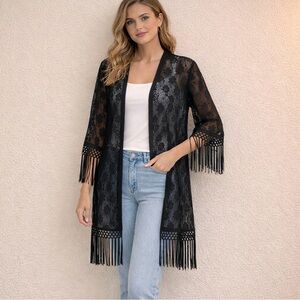 Black Lace Sheer Kimono Cardigan with Fringe | Size M-Monteau Whimsygoth Boho